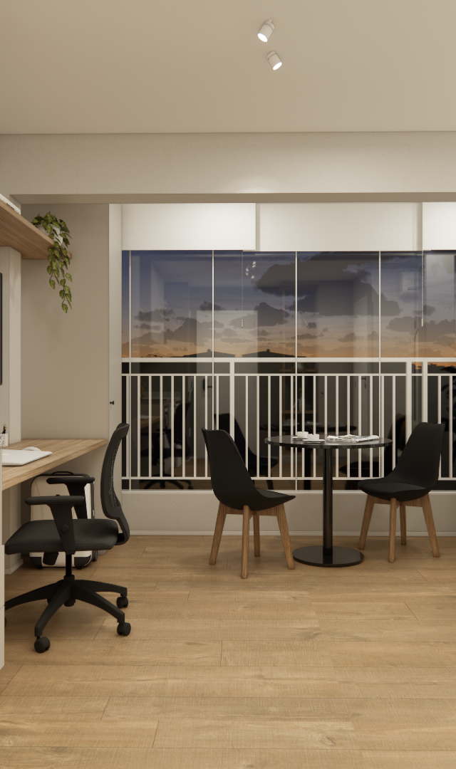 Render 3D de sala e cozinha integradas, marcenaria clara, bancada em granito, sofá bege e mesa com cadeiras pretas