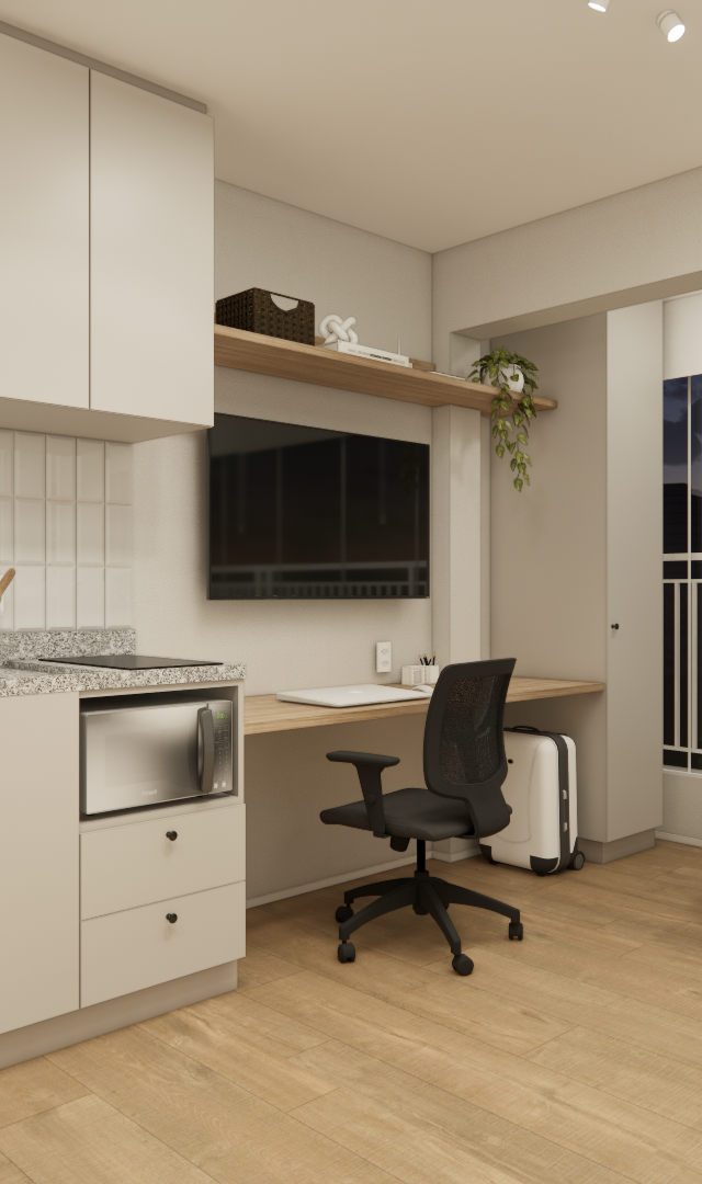 Render 3D: cozinha compacta com marcenaria bege, bancada em granito, área de trabalho e mesa em varanda no NEX ONE Perdizes