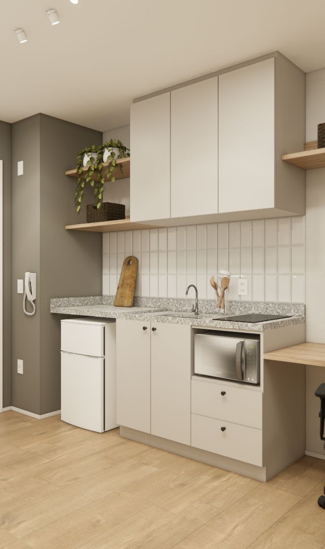 Render 3D de estúdio compacto NEX ONE com cozinha funcional, marcenaria em tons claros, bancada e mesa de madeira e tv
