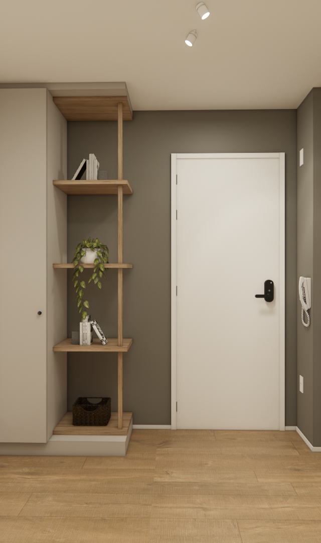 Render 3D de estúdio NEX ONE Perdizes com cozinha compacta, marcenaria cinza, prateleiras em madeira e piso amadeirado