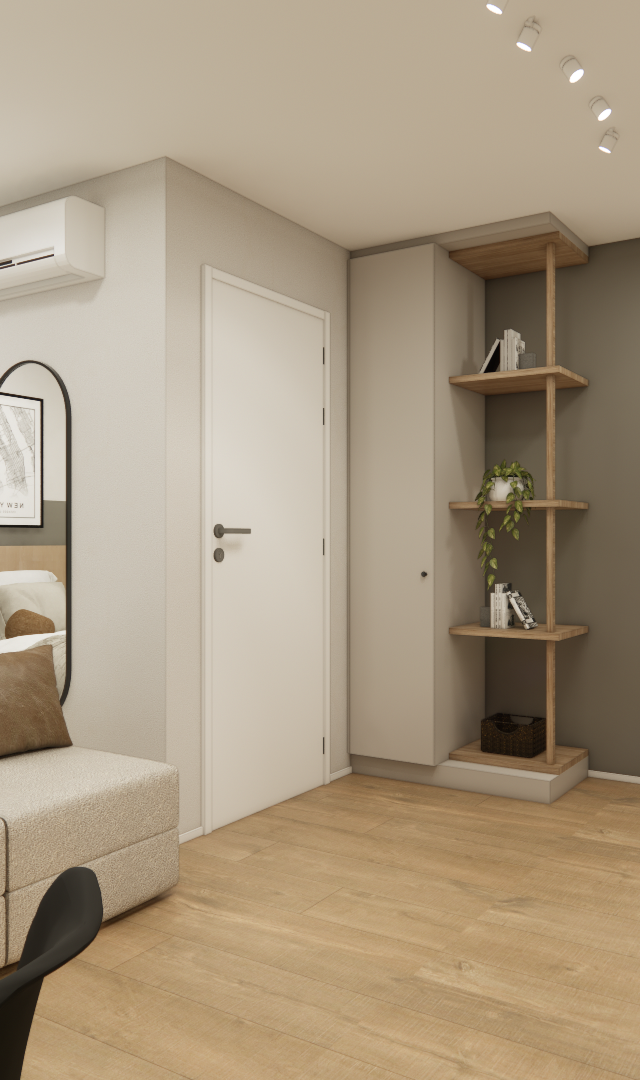 Render 3D de estúdio NEX ONE Perdizes com cama, sofá bege, marcenaria em tons claros e cinza, iluminação focal e piso amadeirado