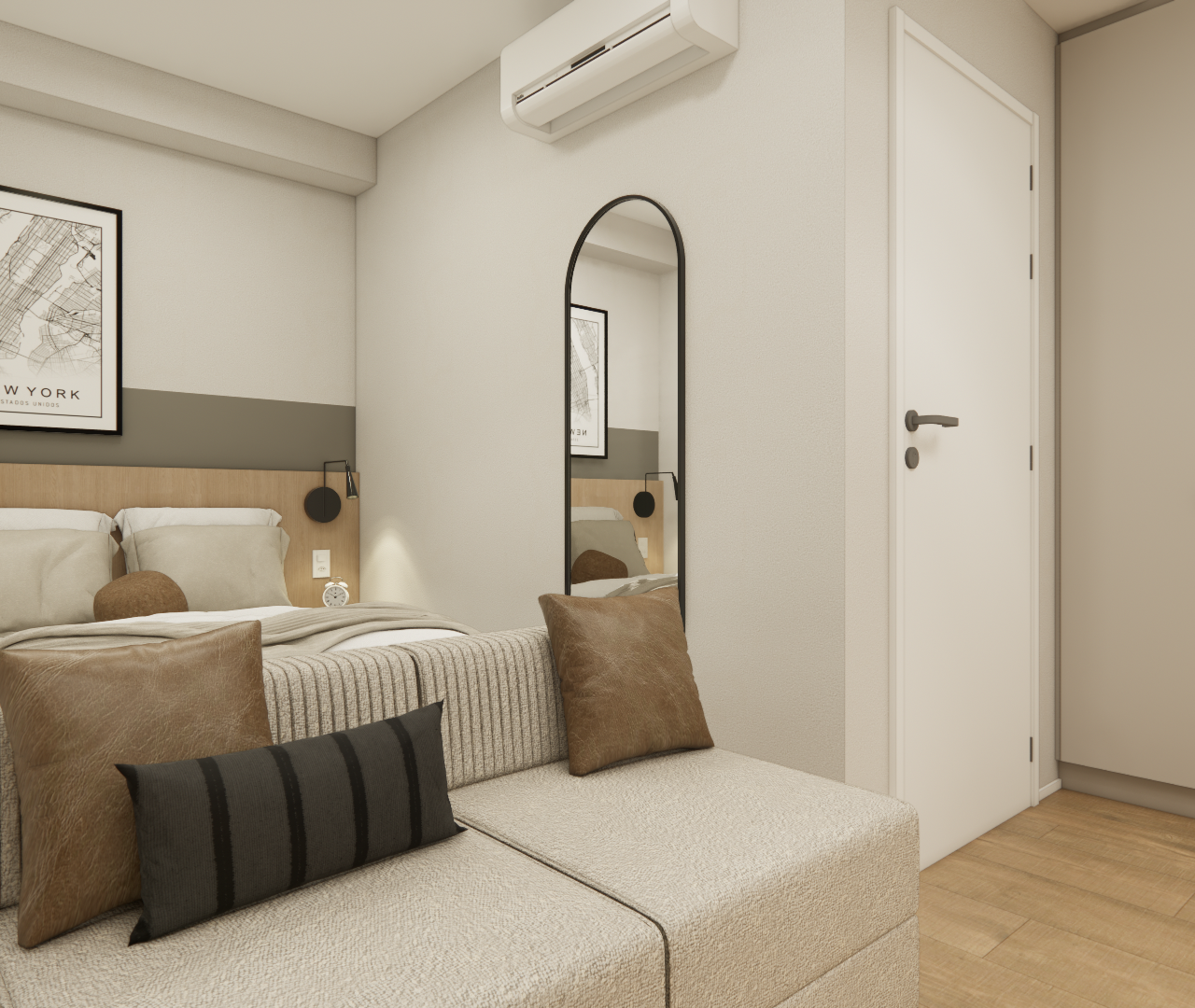 Render 3D de quarto no NEX ONE Estação Perdizes, com cama, sofá, marcenaria em tons neutros, madeira e iluminação suave