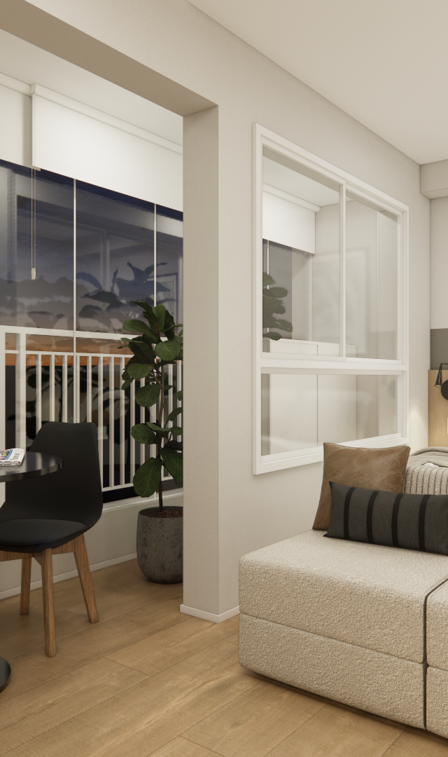 Render 3D de quarto integrado a varanda no NEX ONE Estação Perdizes com mesa, cadeiras pretas e cama tons neutros