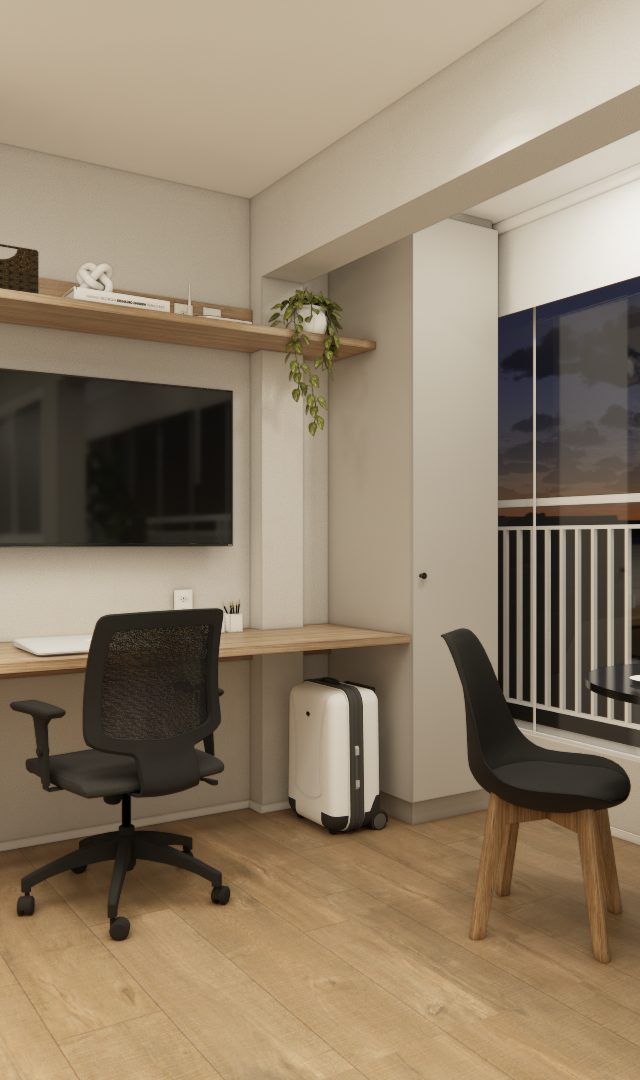 Render 3D de estúdio com cozinha clara, bancada de trabalho, mesa redonda preta, piso amadeirado e vista da cidade à noite