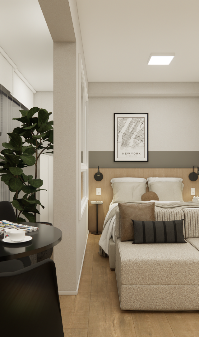 Render 3D de estúdio com mesa preta, poltronas, cama, sofá, tons neutros, madeira e iluminação difusa no NEX ONE Perdizes
