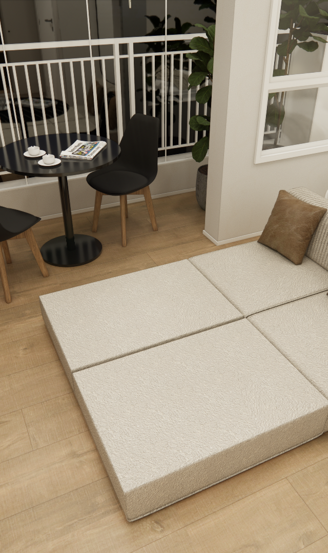 Render 3D de estúdio compacto com piso amadeirado, sofá modular claro, mesa de jantar, home office e cama de casal