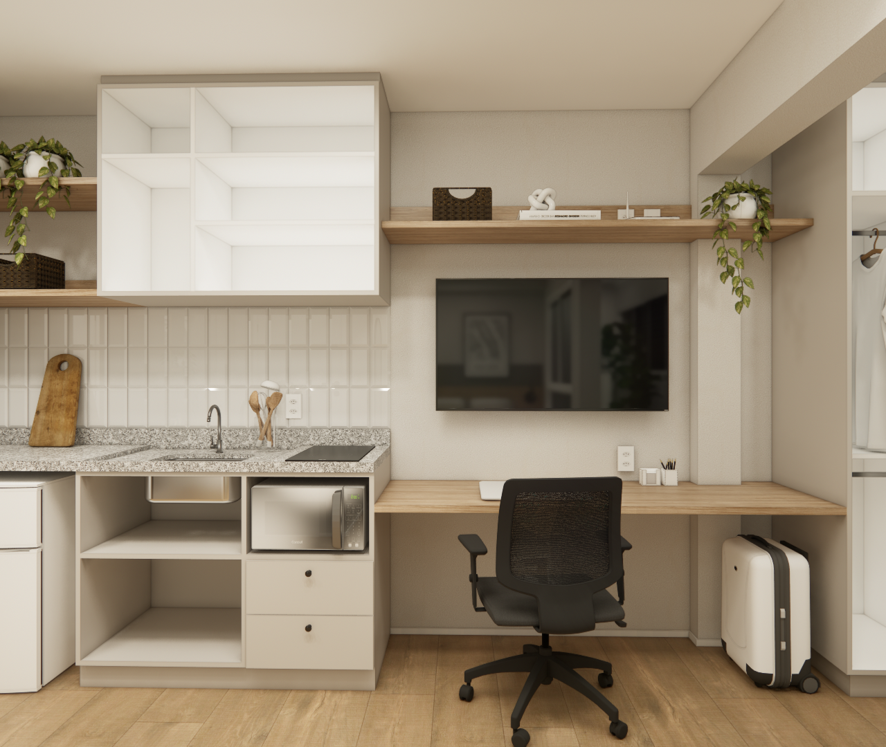 Render 3D de estúdio NEX ONE Perdizes com cozinha compacta, bancada de trabalho, marcenaria clara e tons neutros modernos