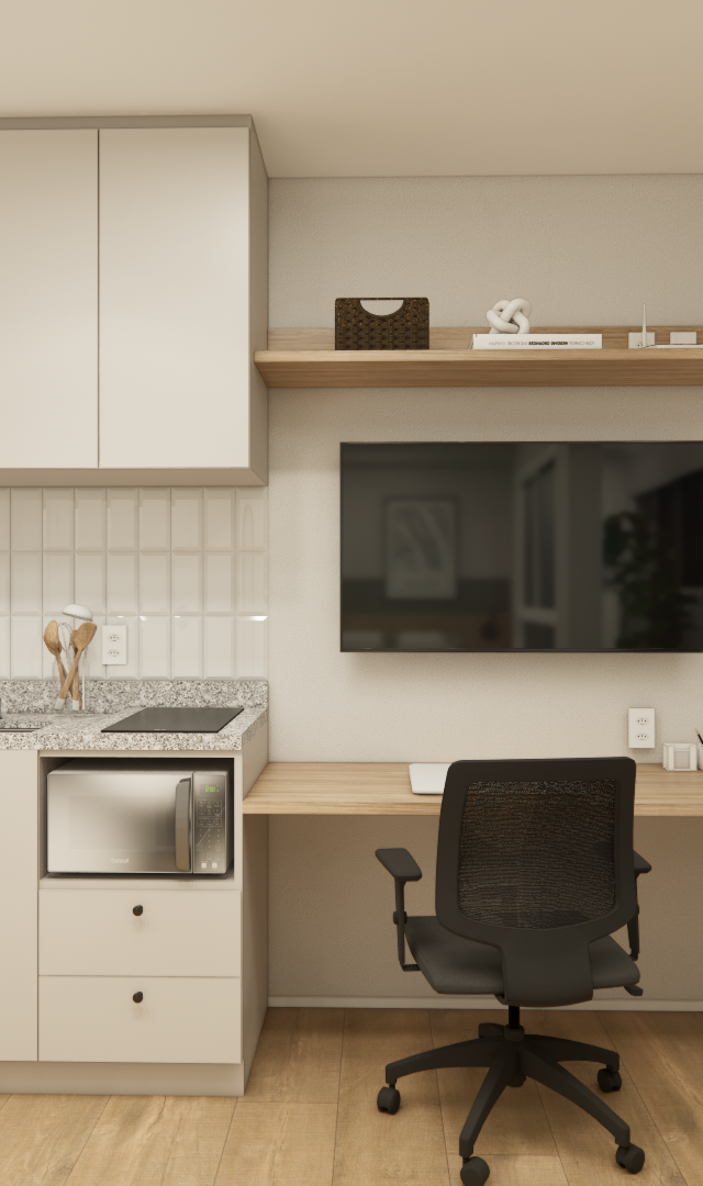 Render 3D de cozinha compacta integrada a home office com móveis planejados claros, bancada em granito e piso amadeirado