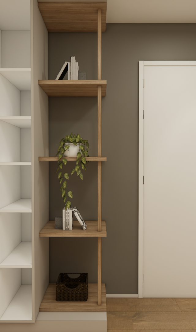 Render 3D de hall de entrada no NEX ONE Perdizes com marcenaria em tons neutros, prateleiras de madeira e parede cinza