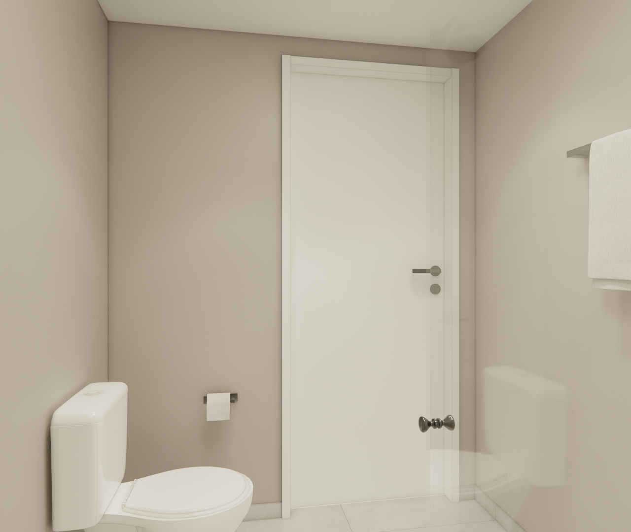 Render 3D de banheiro compacto no NEX ONE Estação Perdizes com paredes beges, porta branca e louças sanitárias brancas