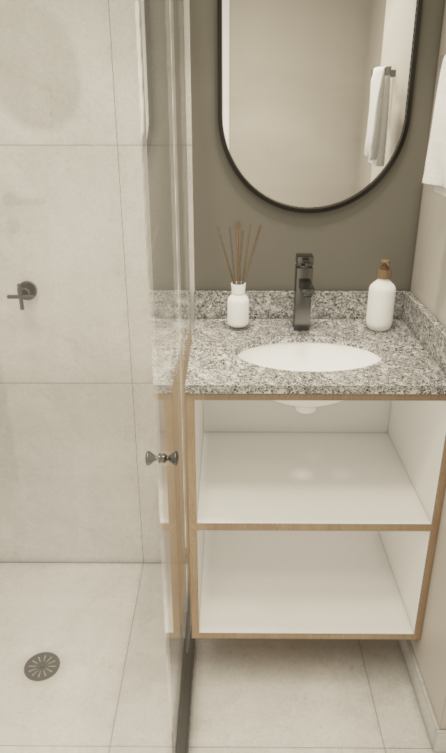Render 3D de banheiro NEX ONE com box de vidro, marcenaria em tons claros, bancada em granito e espelho oval preto