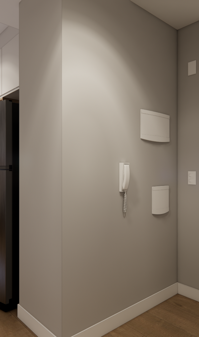 Render 3D de apartamento com tons neutros, piso amadeirado, cozinha linear, geladeira inox e porta de entrada branca