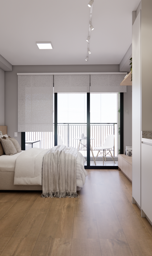 Render 3D de estúdio Le Jardin Cyrela com piso amadeirado, cozinha linear branca, cama casal, mesa e varanda integrada