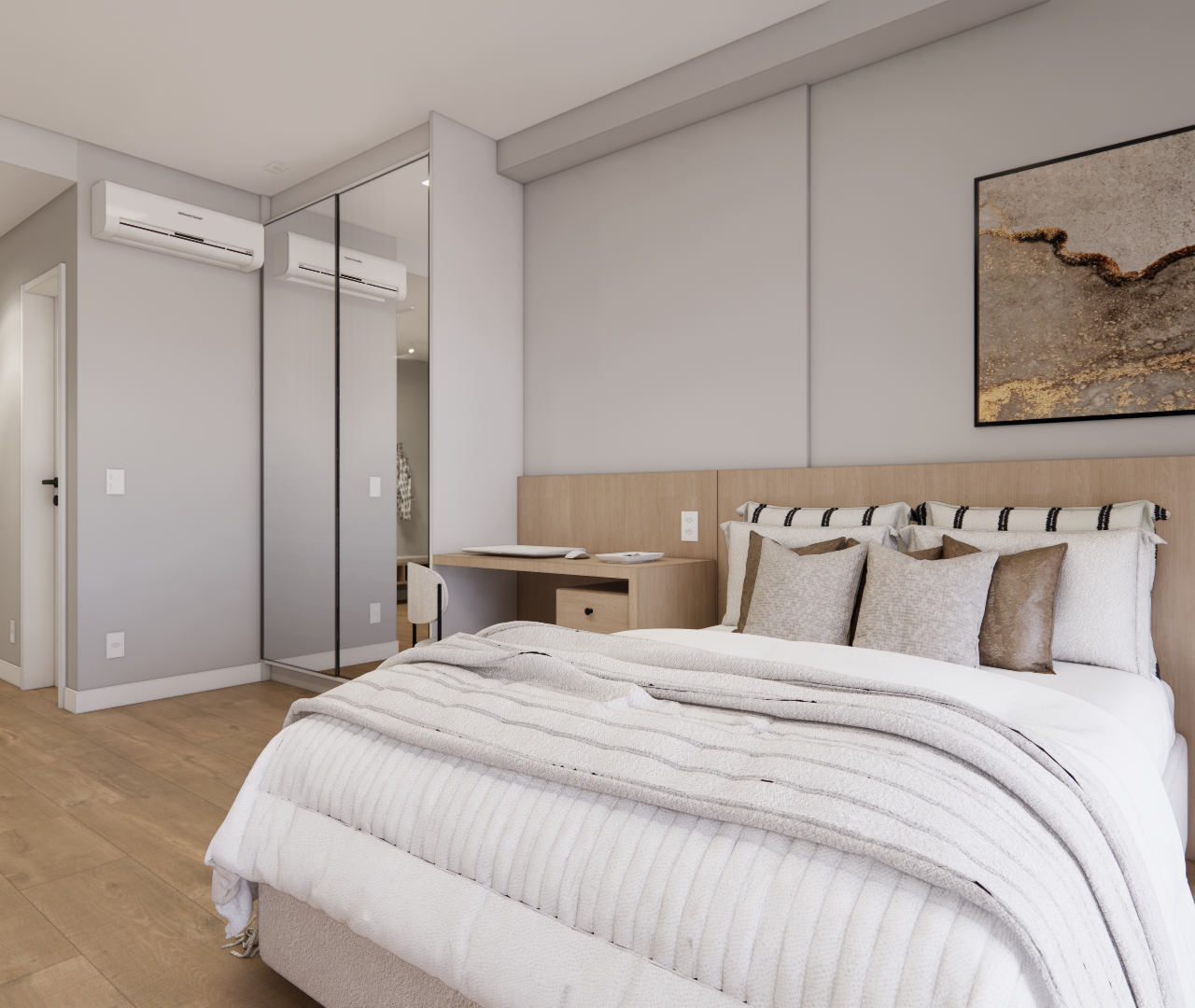 Render 3D de quarto com cama de casal, painel de madeira, armário espelhado, piso amadeirado e iluminação suave neutra