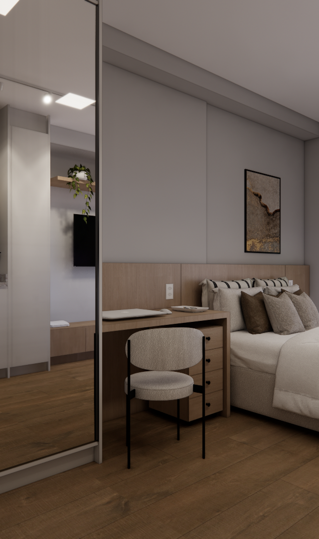 Render 3D de estúdio com cozinha linear espelhada, marcenaria em tons neutros, madeira e iluminação embutida aconchegante