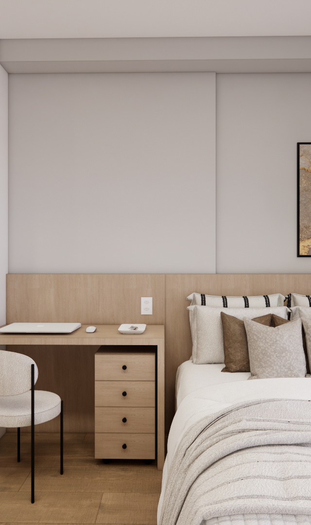 Render 3D de quarto com cama, marcenaria em tons claros, mesa de trabalho, espelho e iluminação difusa em tons neutros