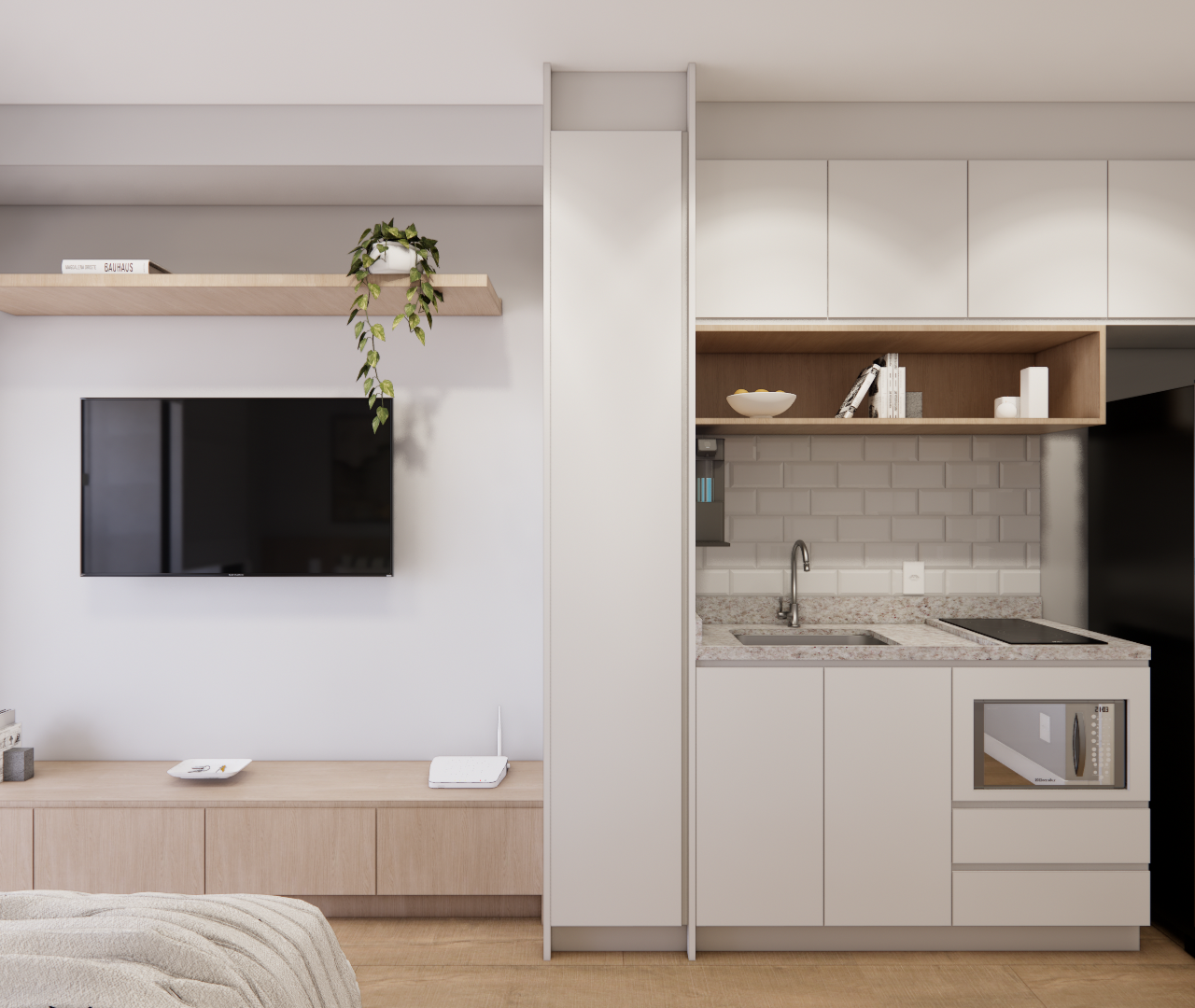 Render 3D de estúdio com marcenaria em tons claros, rack de madeira, cozinha compacta com revestimento tipo metrô e geladeira