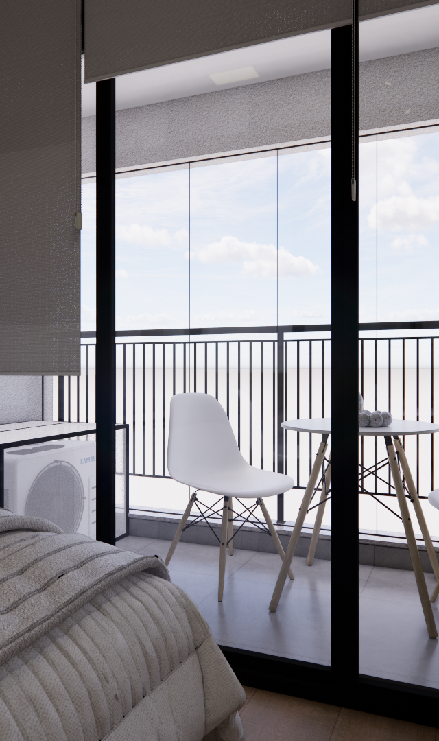 Render 3D de quarto com varanda, mesas e cadeiras brancas, tons neutros, madeira e iluminação natural no Le Jardin Cyrela