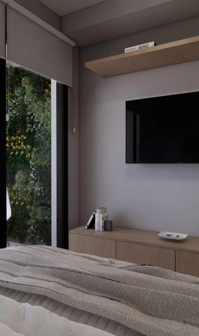 Render 3D de quarto com marcenaria em madeira clara, TV na parede, prateleira e varanda com jardim vertical e poltronas