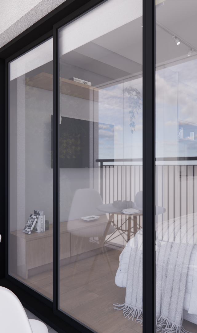 Render 3D de varanda com jardim vertical e mesa redonda, integrando dormitório moderno através de portas de vidro pretas