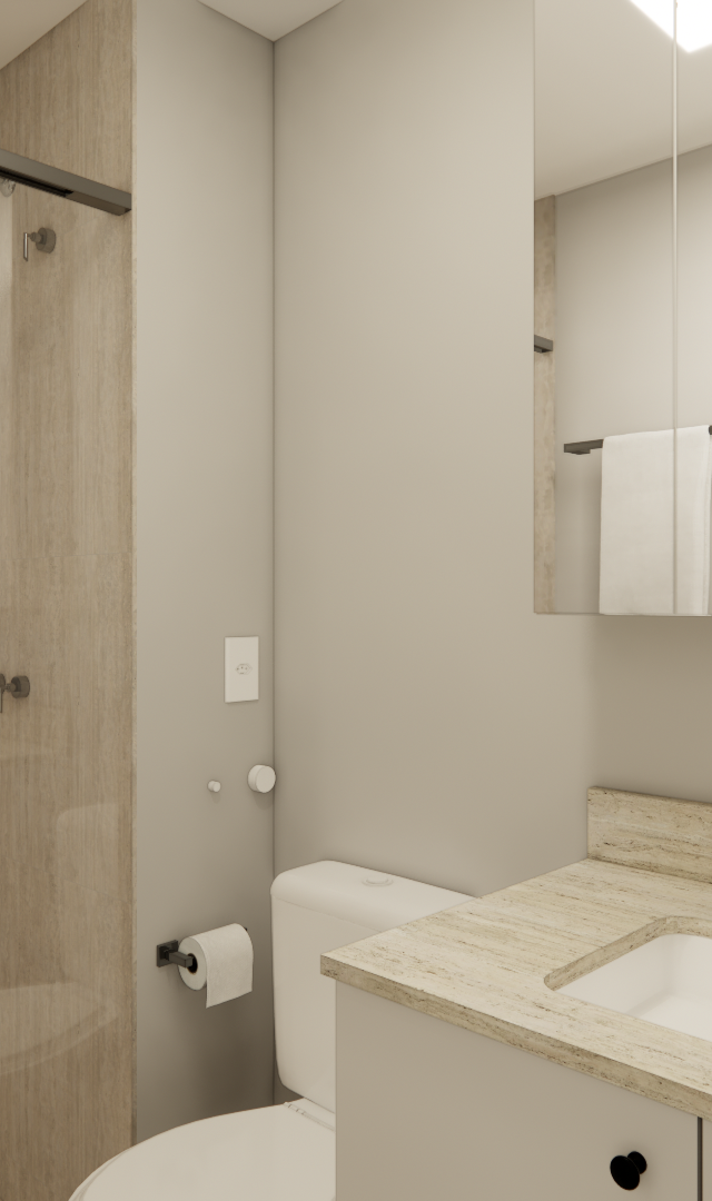 Render 3D de banheiro moderno no Le Jardin com revestimento bege, box de vidro, armário, bancada em pedra e metais pretos