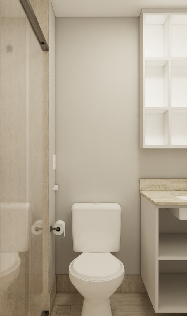Render 3D de banheiro moderno em tons neutros com box de vidro, marcenaria clara, cuba de apoio e revestimento amadeirado