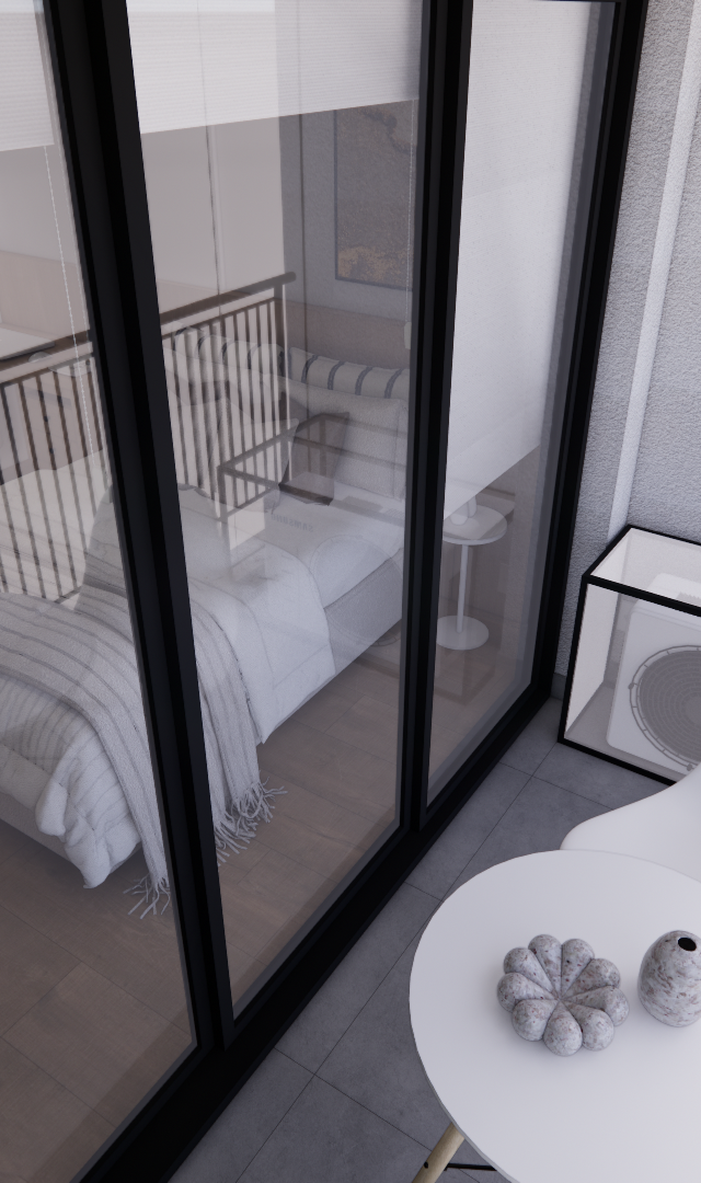 Render 3D de varanda gourmet com mesa redonda branca, cadeira design, piso cinza e fechamento de vidro para o dormitório