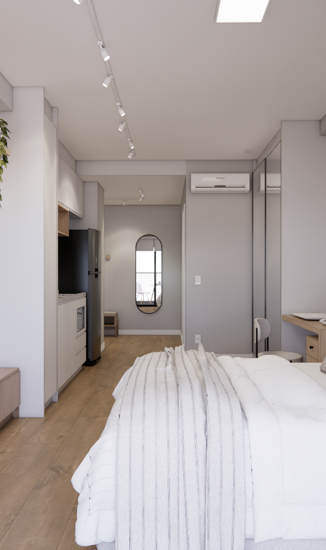 Render 3D de estúdio com marcenaria em tons amadeirados, cama, TV, cozinha compacta, cores neutras e iluminação em trilho