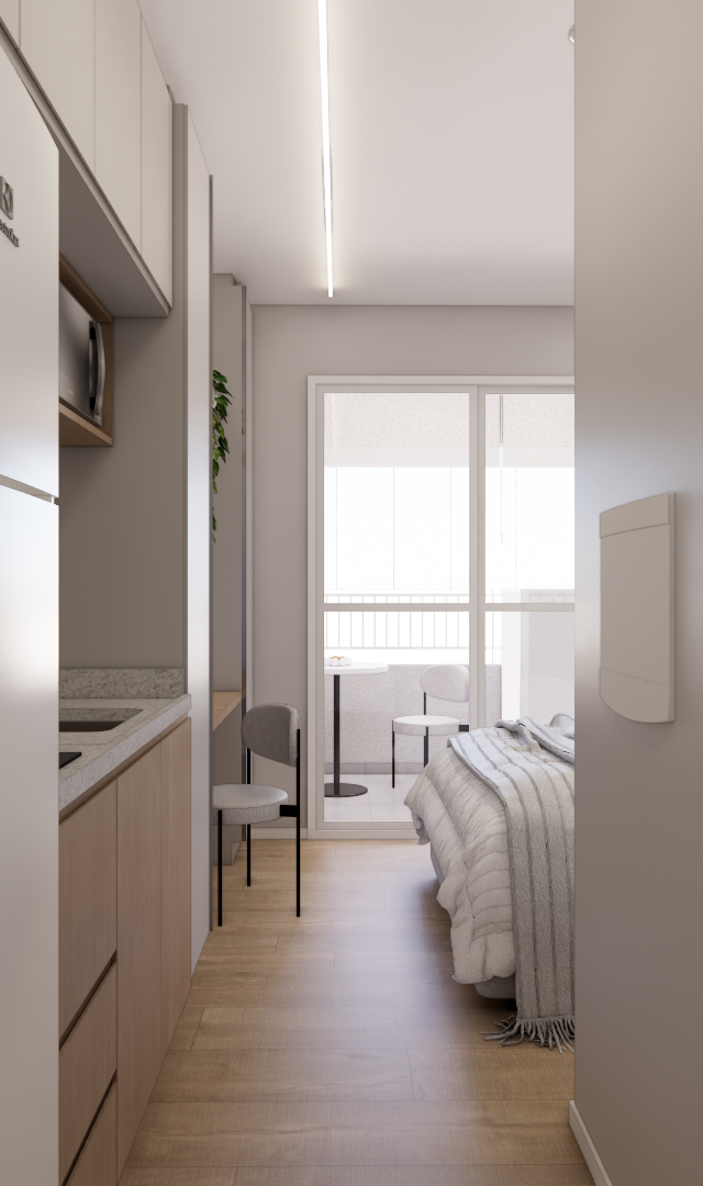 Render 3D de estúdio no Metrocasa Berrini com cozinha linear em tons claros, marcenaria em madeira e piso amadeirado