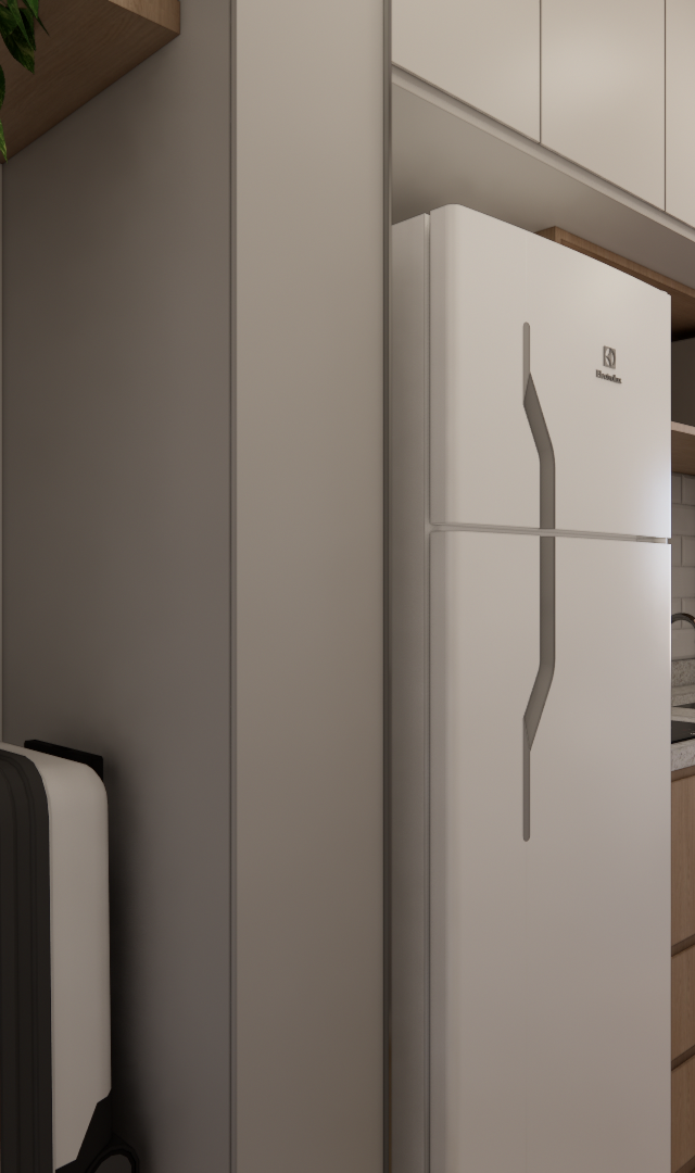 Render 3D de cozinha compacta no Metrocasa Berrini com marcenaria em tons de madeira clara, armários brancos e geladeira