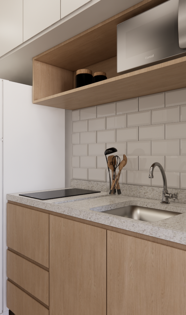 Render 3D de cozinha compacta Metrocasa Berrini com marcenaria em madeira clara, bancada clara e azulejos brancos tipo metrô