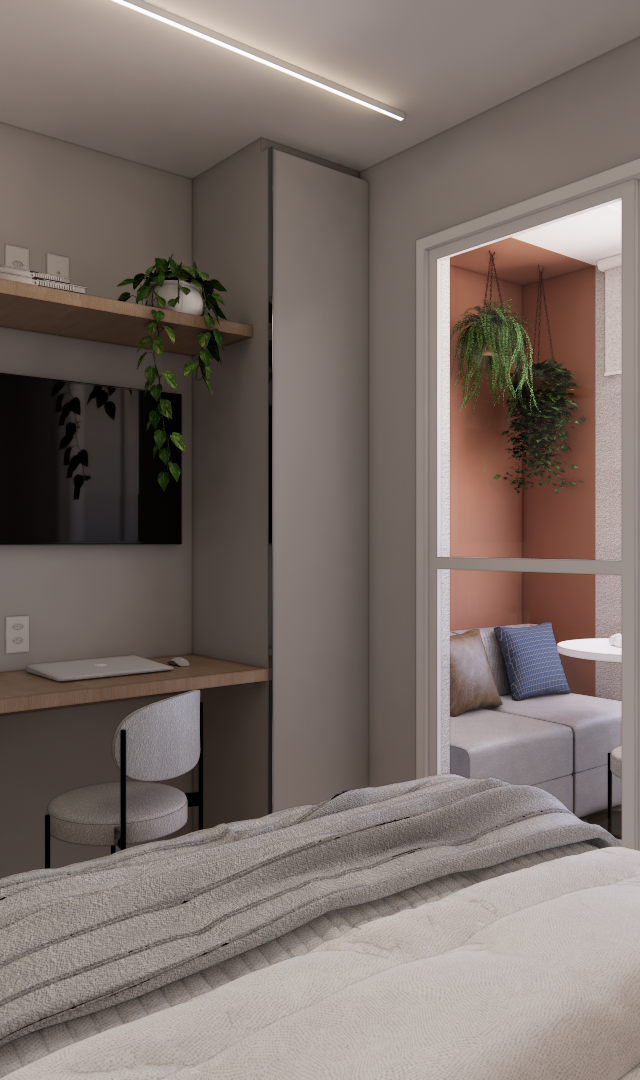 Render 3D de quarto Metrocasa Berrini com mesa de trabalho, marcenaria cinza, madeira, tons terrosos e varanda integrada