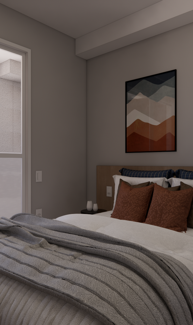 Render 3D de quarto Metrocasa Berrini com cama, cabeceira de madeira, quadros, iluminação neutra e varanda anexa
