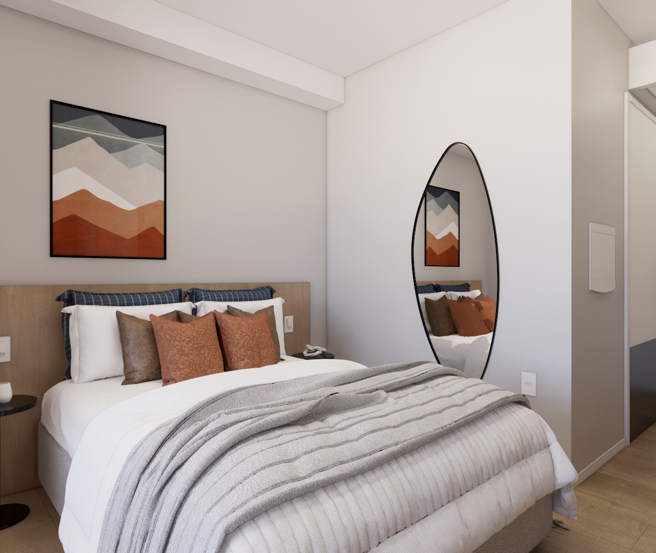Render 3D de quarto no Metrocasa Berrini com cama de casal, cabeceira de madeira, espelho oval e tons neutros com terracota