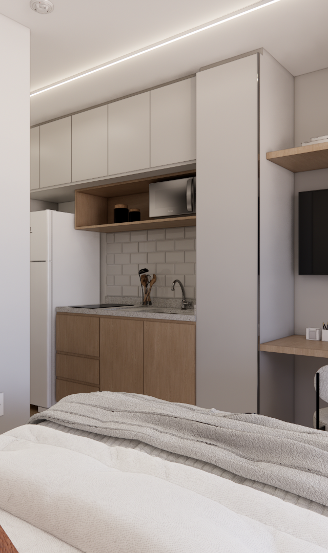 Render 3D de estúdio RM- Metrocasa Berrini com cozinha compacta, marcenaria em tons neutros, madeira, espelho orgânico e TV