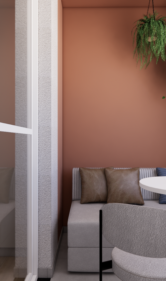 Render 3D de varanda gourmet Metrocasa Berrini com sofá cinza, mesa branca, parede terracota, plantas pendentes e luz natural