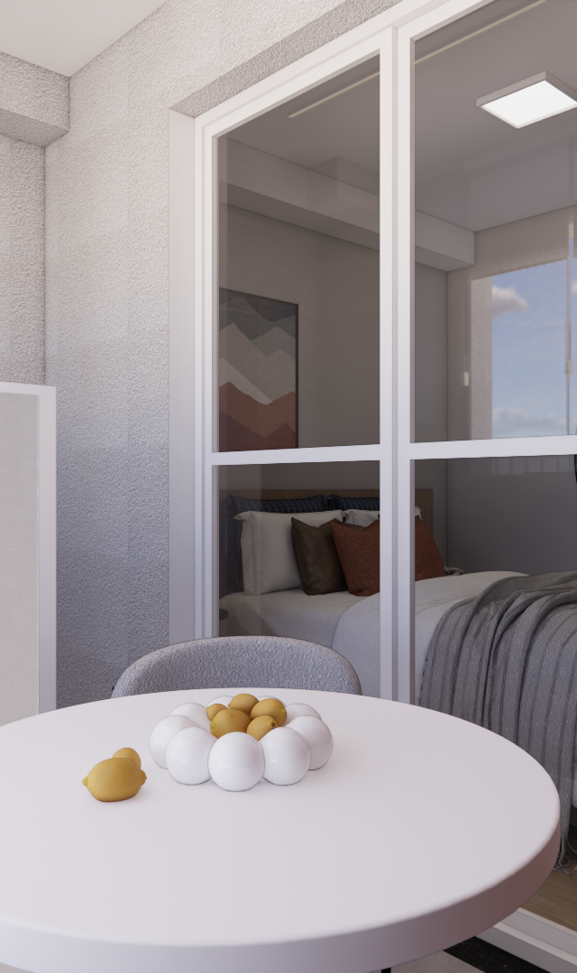 Render 3D de sacada com mesa redonda branca e vista para quarto, paredes cinza texturizadas e iluminação clara