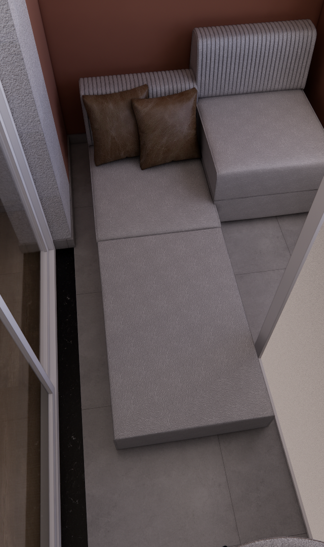 Render 3D de varanda do Metrocasa Berrini com sofá cinza, parede terracota, piso frio e iluminação natural suave