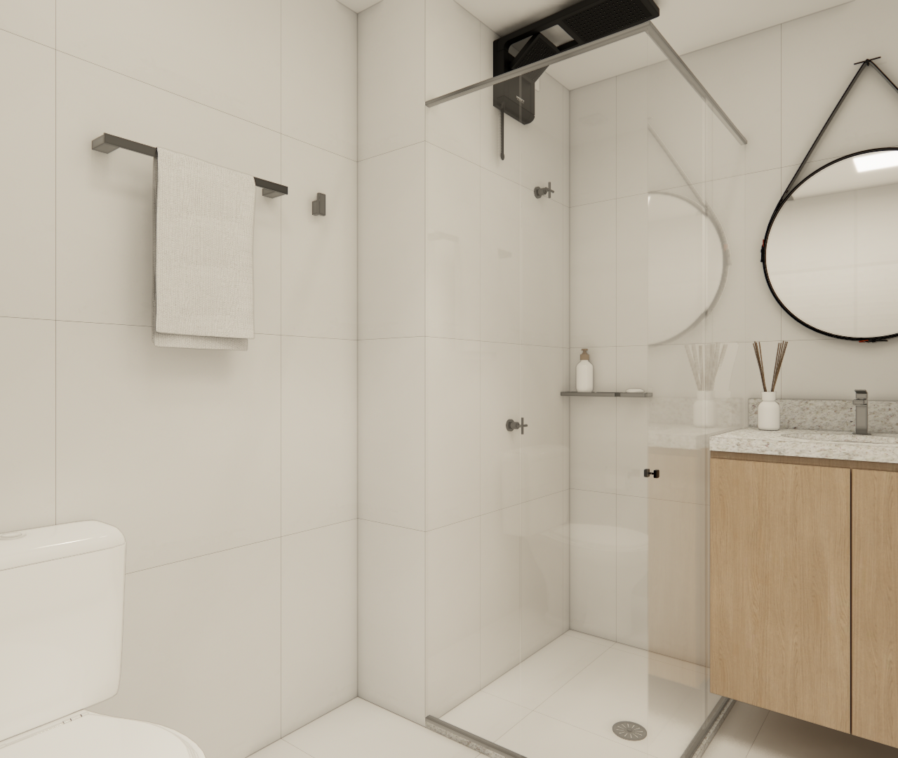 Render 3D de banheiro Metrocasa Berrini com revestimento branco, box de vidro, gabinete em madeira e espelho circular