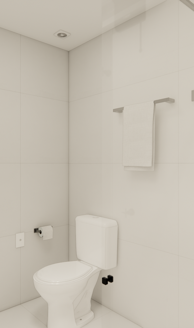 Render 3D de banheiro Metrocasa Berrini com revestimentos claros, vaso sanitário branco e metais pretos em iluminação neutra
