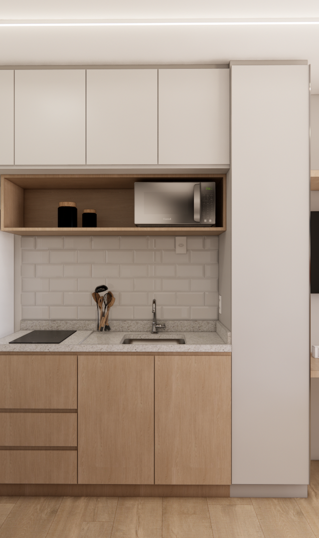 Render 3D de cozinha compacta e home office Metrocasa Berrini com marcenaria em tons neutros, madeira e iluminação linear