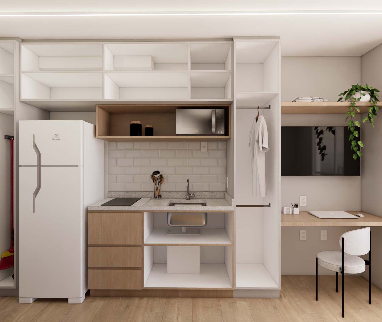 Render 3D de estúdio RM-Metrocasa Berrini com marcenaria em madeira e branco, cozinha compacta, bancada e nichos iluminados