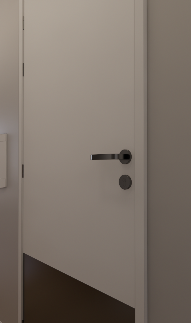 Render 3D do quarto RM-Metrocasa Berrini com porta branca, piso amadeirado, cama com manta cinza e varanda iluminada