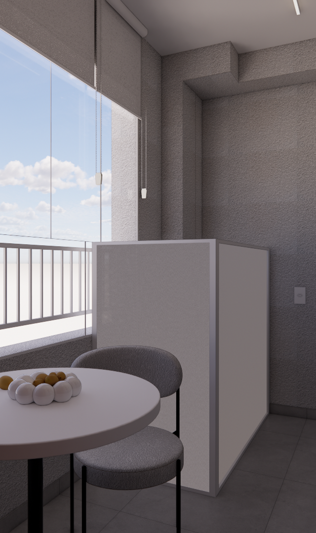 Render 3D de varanda gourmet no Metrocasa Berrini com mesa redonda, cadeira cinza, paredes texturizadas e luz natural