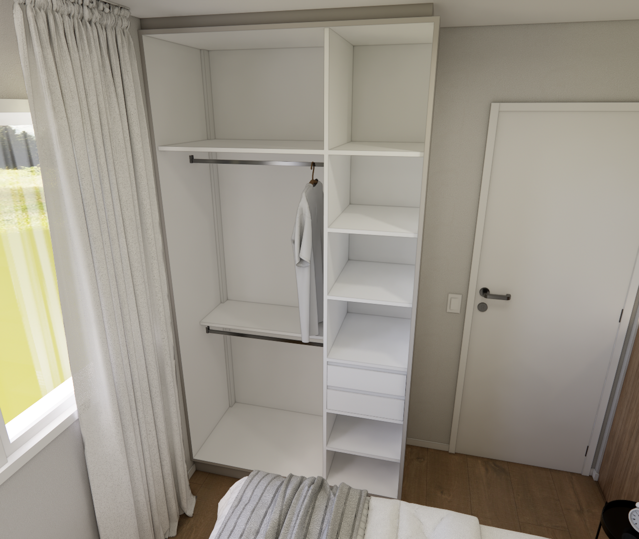 Sala com sofá branco, cozinha compacta de detalhes amadeirados, prateleira alta e televisão no plano de fundo claro.