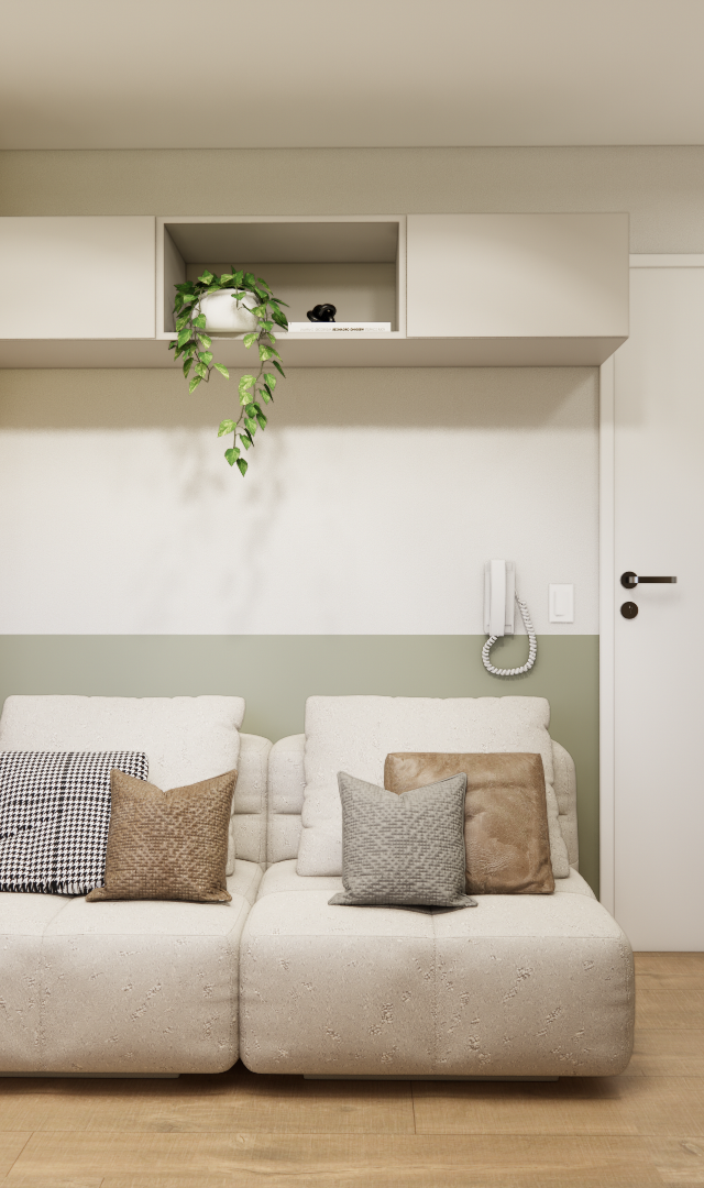 Render 3D de sala compacta com sofá bege, marcenaria em madeira e bege, parede verde e geladeira de inox em apartamento