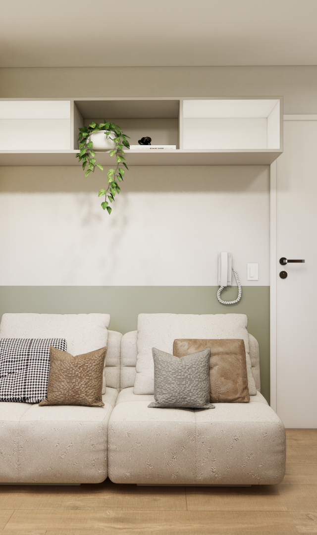 Render 3D de sala com sofá bege, marcenaria em madeira e branco, paredes em verde e branco, iluminação suave e neutra