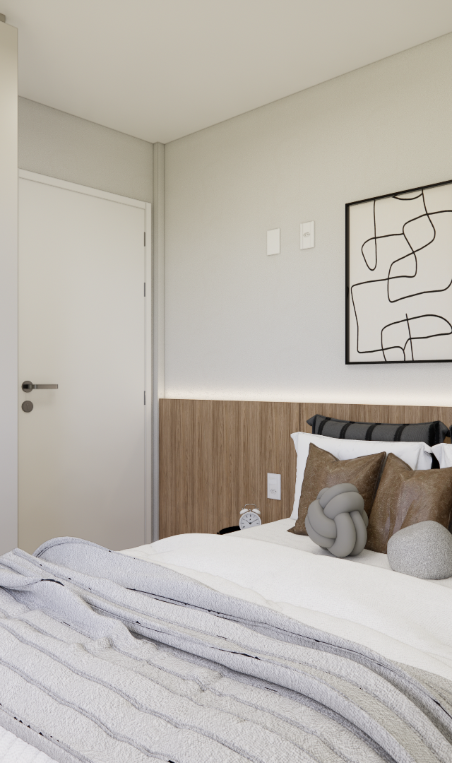Render 3D de quarto compacto com marcenaria em madeira, parede verde e branca, cama com almofadas marrons e iluminação LED