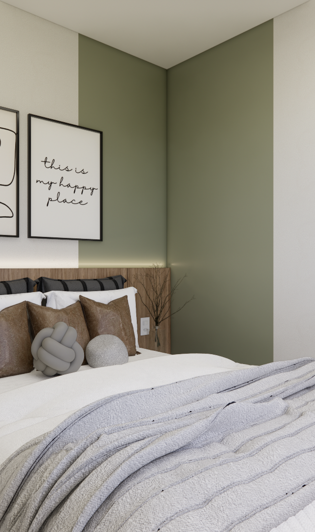 Render 3D de quarto pequeno com cabeceira amadeirada, parede verde, espelho orgânico e iluminação indireta quente
