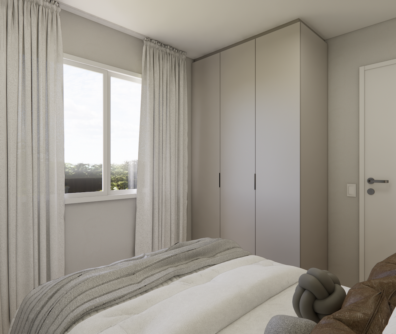 Render 3D de quarto pequeno com guarda-roupa cinza, cama, cortinas claras e luz natural em tons neutros e aconchegantes